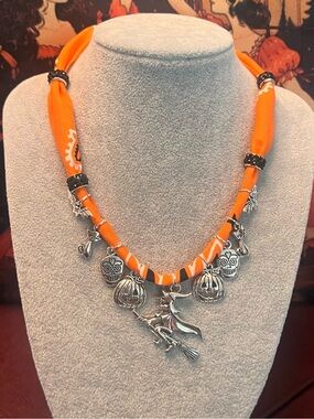 Orange Halloween Bandana Scarf Charm Necklace with Witch Pendant
